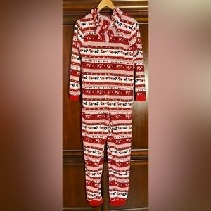 No Boundaries Adult Onesie. Red, White, Black, Scottish Dog Pattern Hooded. Zips